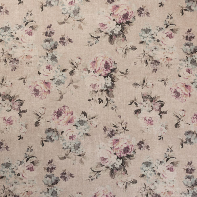 Warm beige linen-look ground with muted damson floral bouquets and blue-grey leaves
