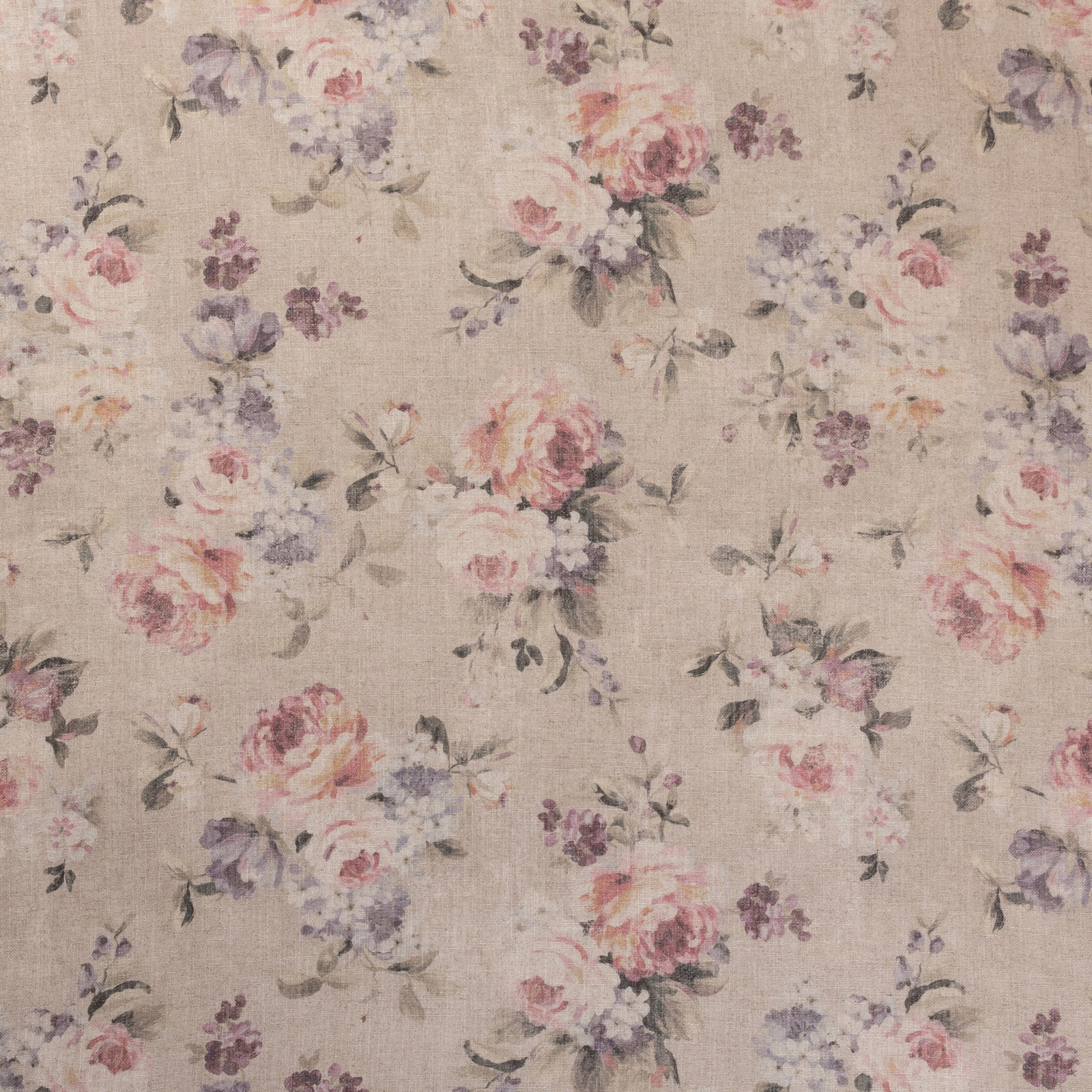 Linen-beige floral fabric with rose, mulberry, lilac and sage bouquet motifs