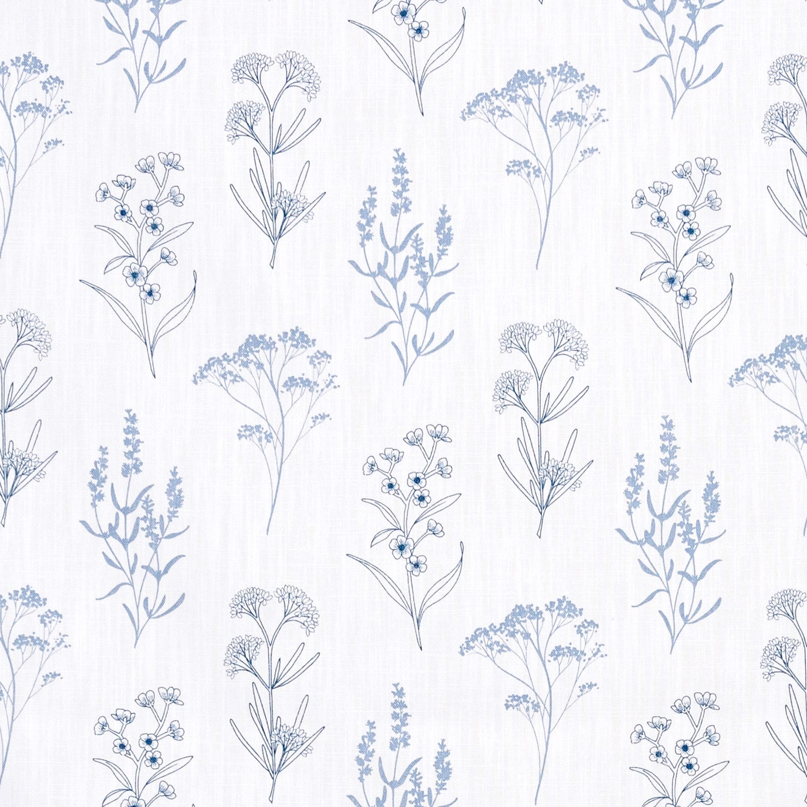 White botanical fabric with powder-blue sprigs, fine stems and delicate berry clusters