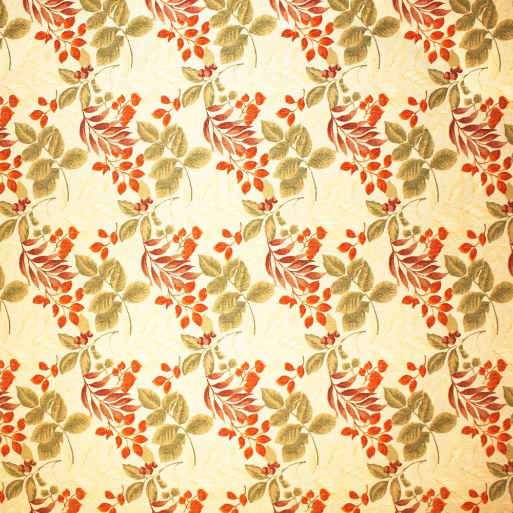 Warm cream fabric with repeating rust-red and olive leafy botanical sprigs