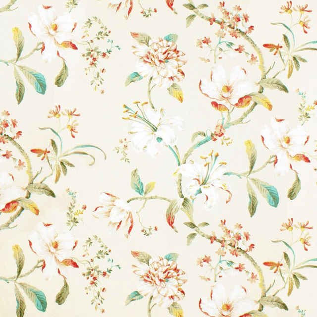Warm ivory floral fabric with painted white blooms, sage leaves and coral accents