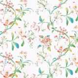 White floral print with coral blooms, teal leaves and fine yellow botanical accents