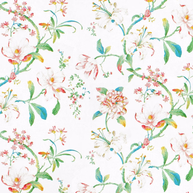 White floral print with coral blooms, teal leaves and fine yellow botanical accents