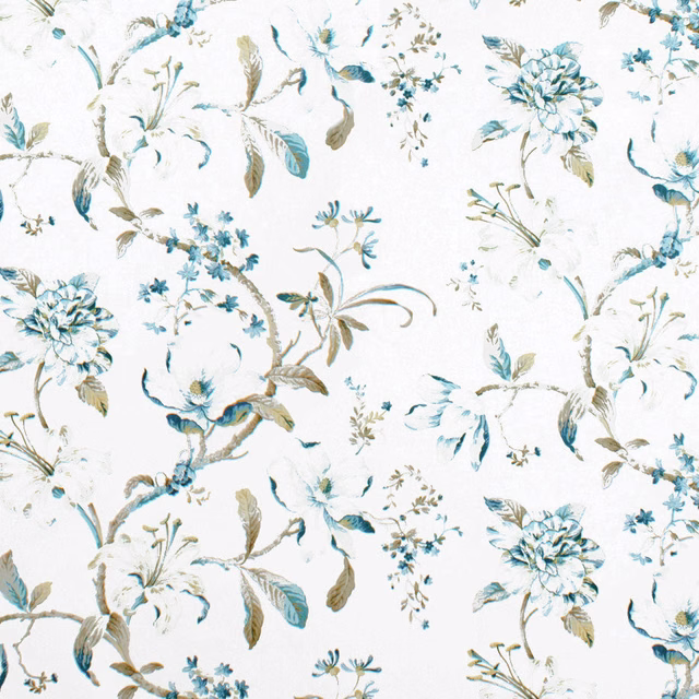 Ivory floral fabric with teal-blue blossoms, sage leaves and taupe stems