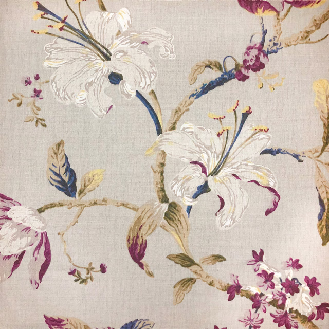 Warm stone floral fabric with ivory blooms, burgundy petals and indigo stems