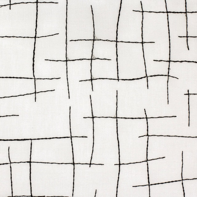 Off-white sheer with irregular black hand-drawn grid lines and fine texture