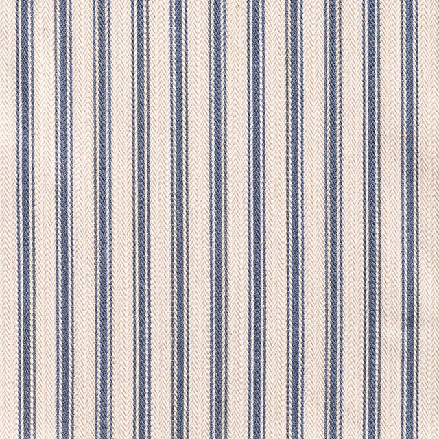 Close-up of muted blue and cream woven ticking stripes with fine vertical texture
