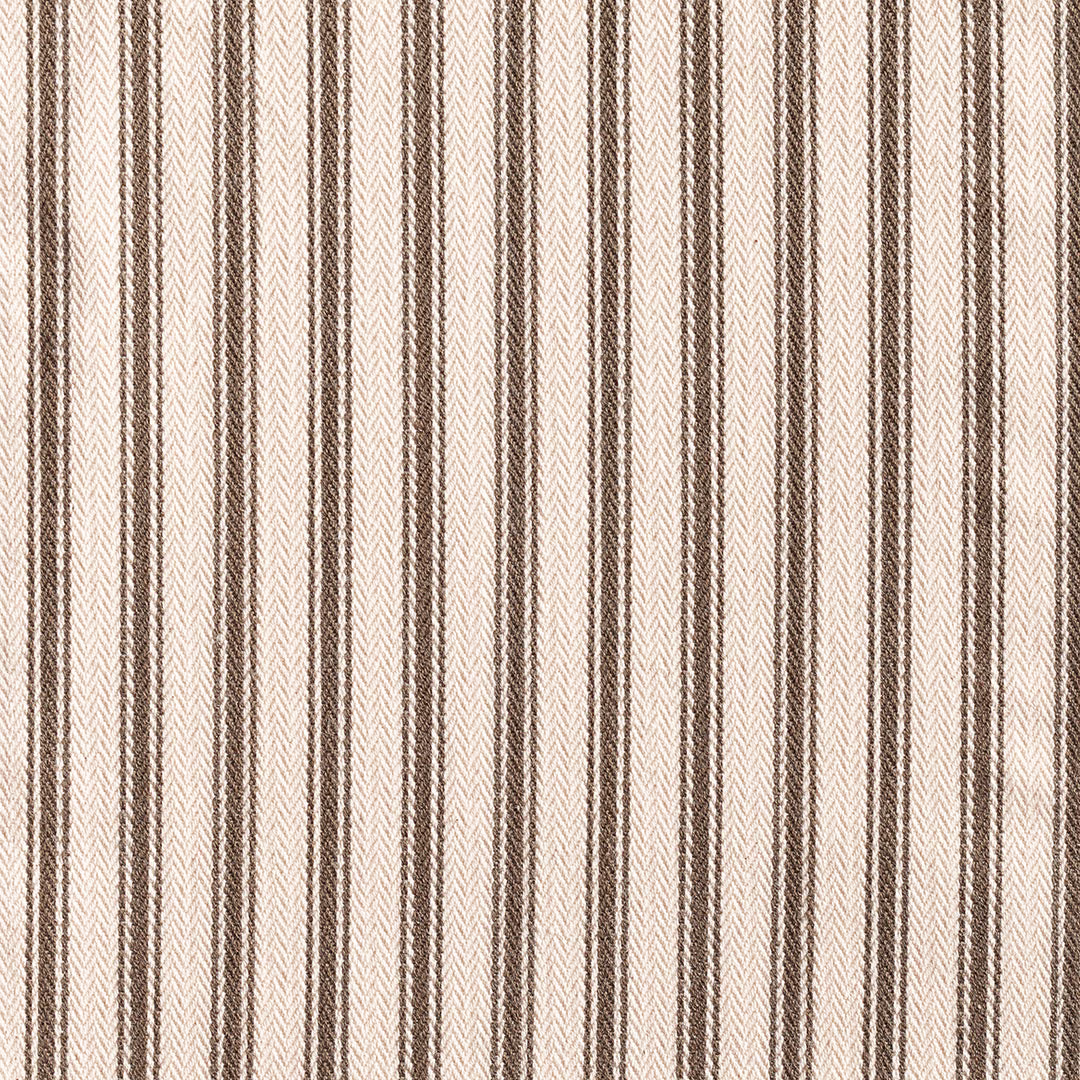 Cream fabric with narrow taupe vertical stripes and fine chevron weave texture