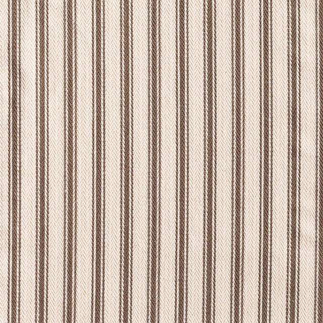 Cream fabric with narrow taupe vertical stripes and fine chevron weave texture