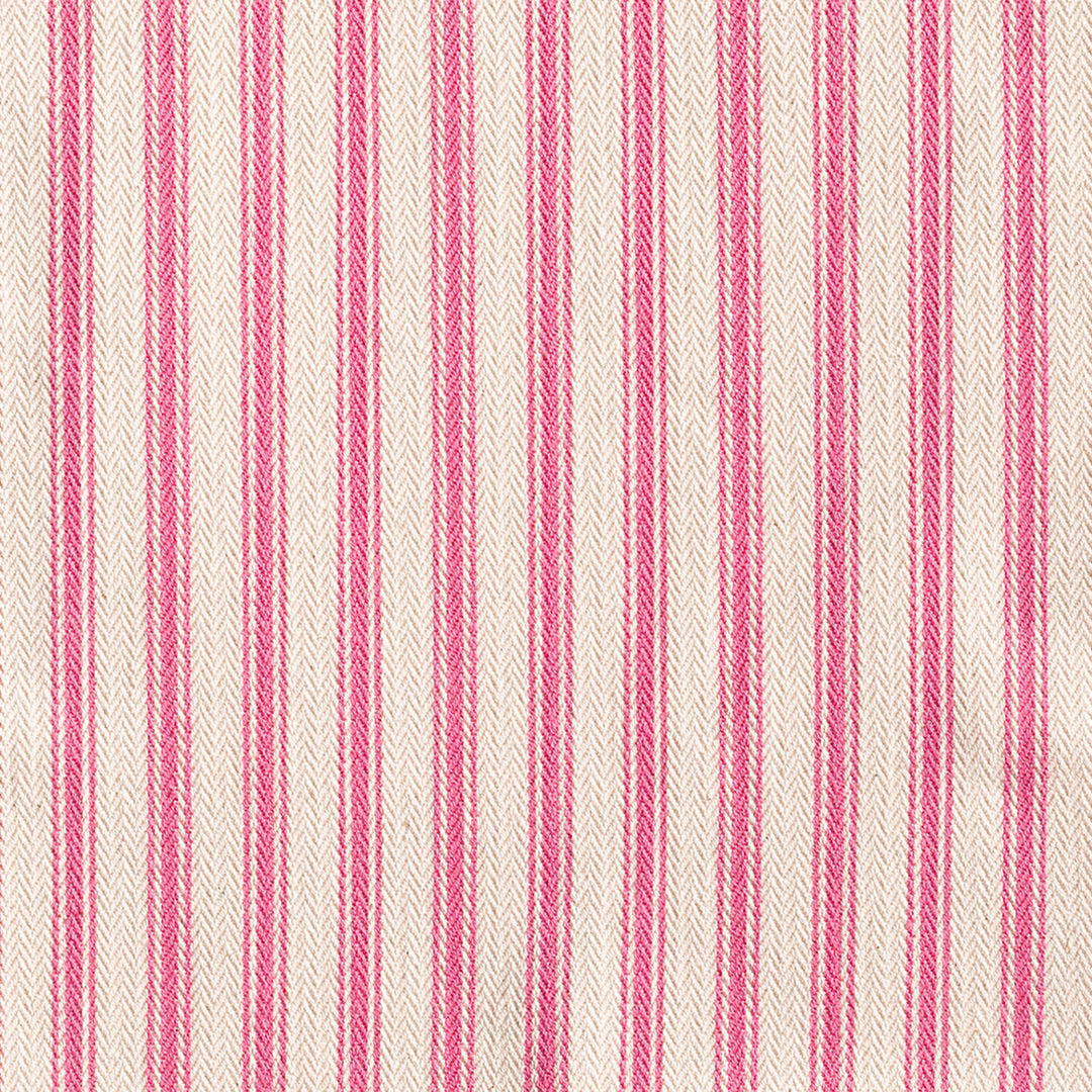 Cream textile with narrow rose-pink vertical ticking stripes and visible herringbone texture