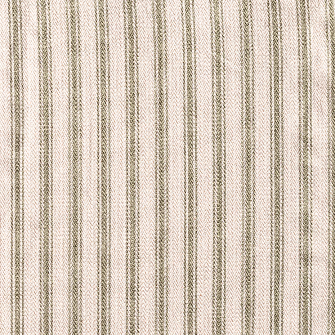 Cream and muted taupe ticking with fine vertical chevron-woven stripes