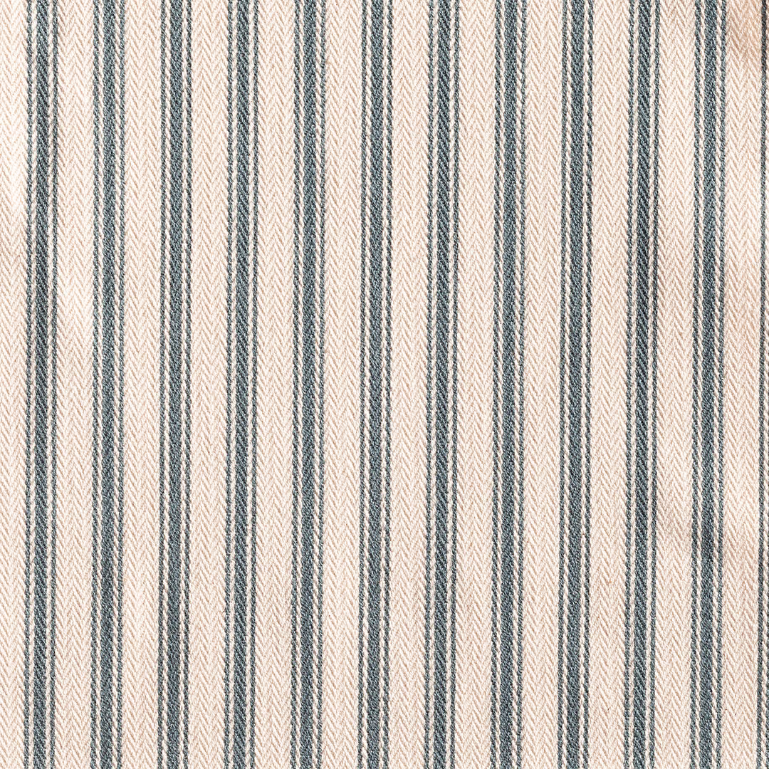 Muted teal and ivory vertical ticking stripes with a fine herringbone weave