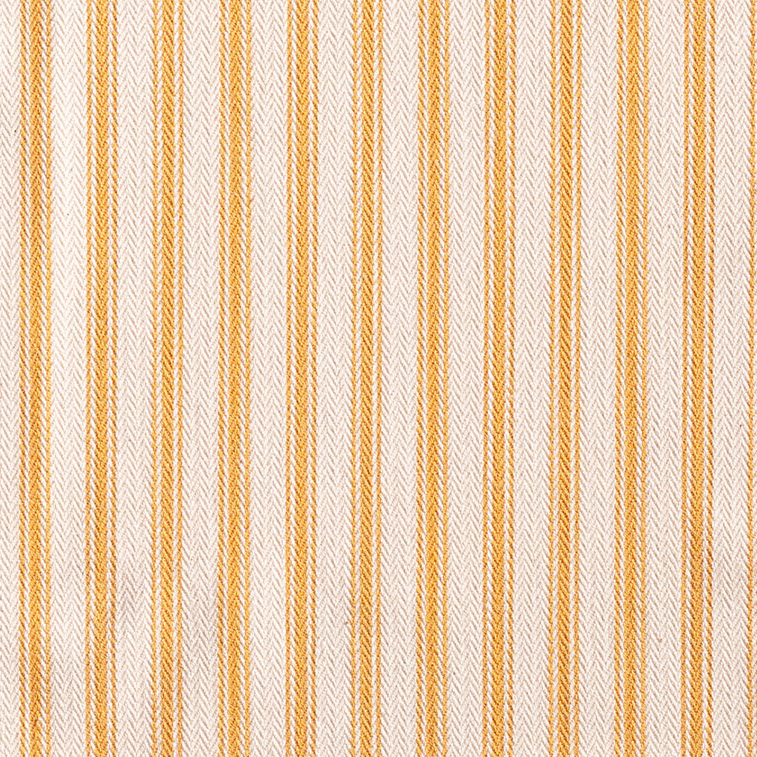 Warm turmeric and ivory vertical ticking with fine herringbone woven texture