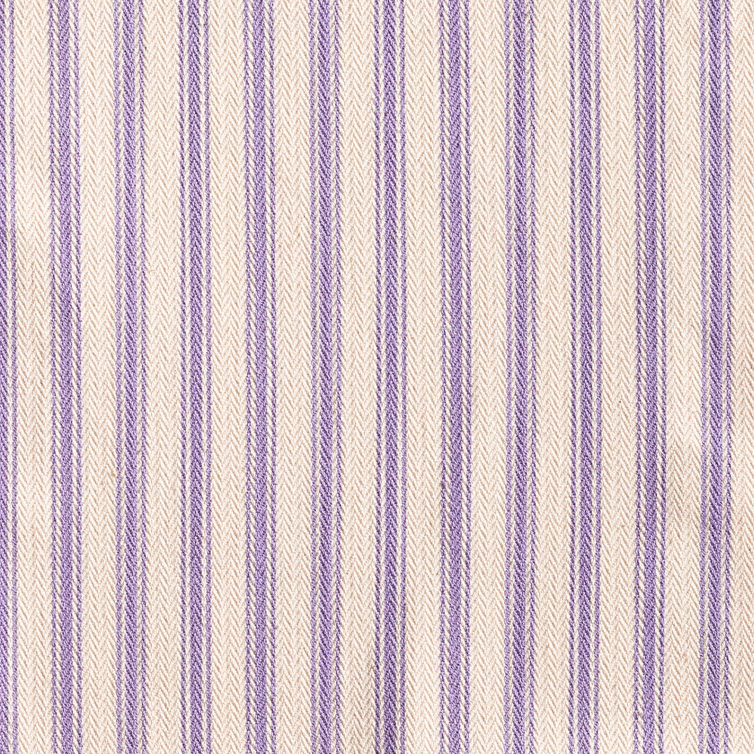 Ivory woven ticking with slim violet stripes and chevron-textured bands