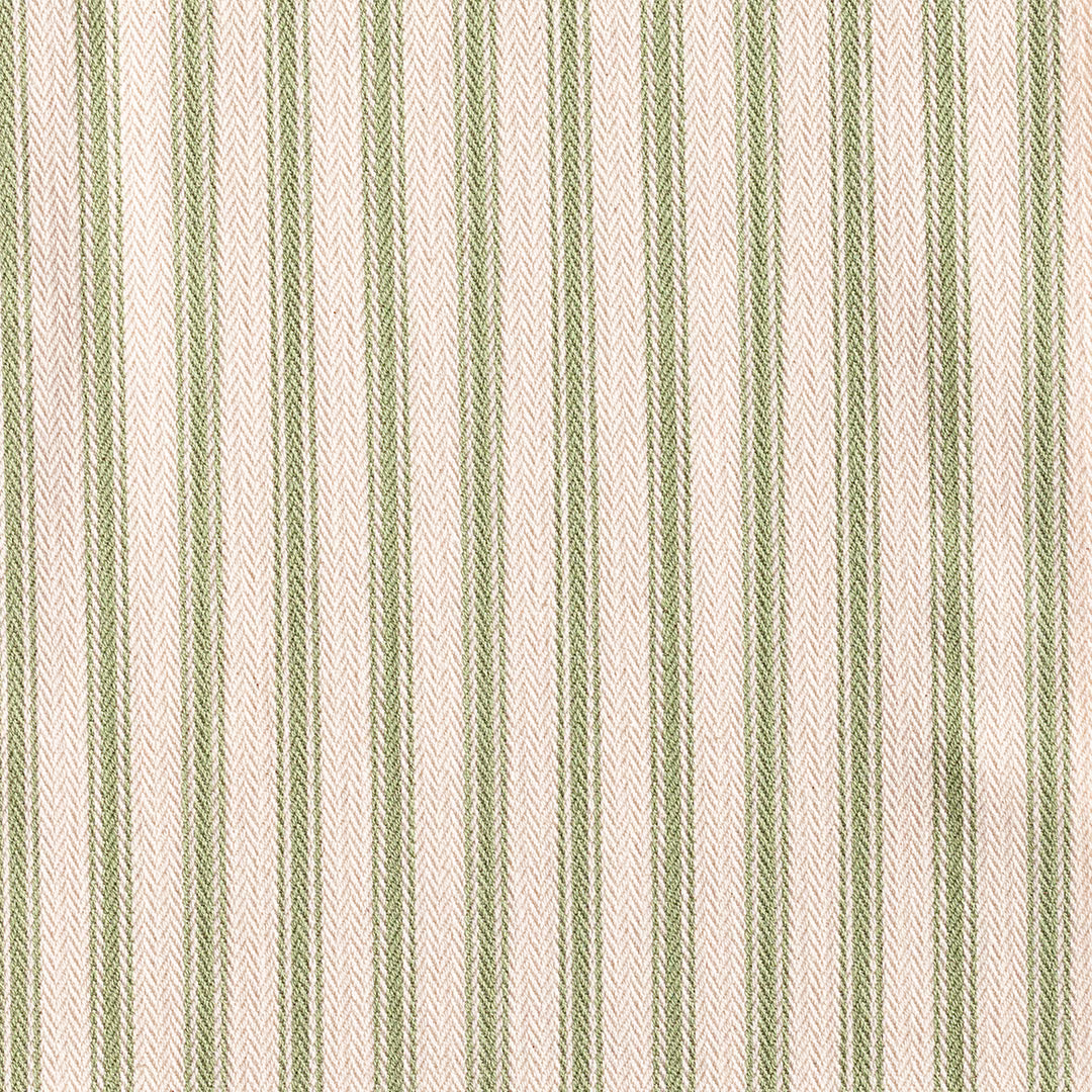 Warm sage-green ticking stripes over an ivory herringbone-woven ground