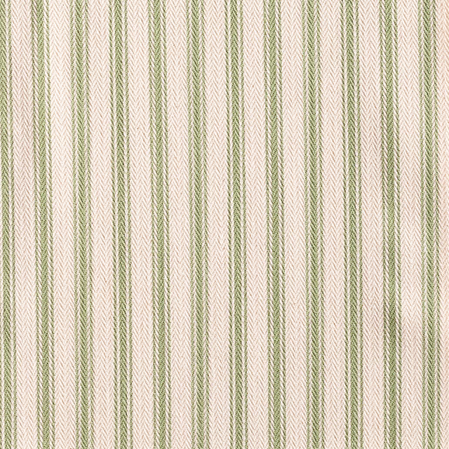 Warm sage-green ticking stripes over an ivory herringbone-woven ground