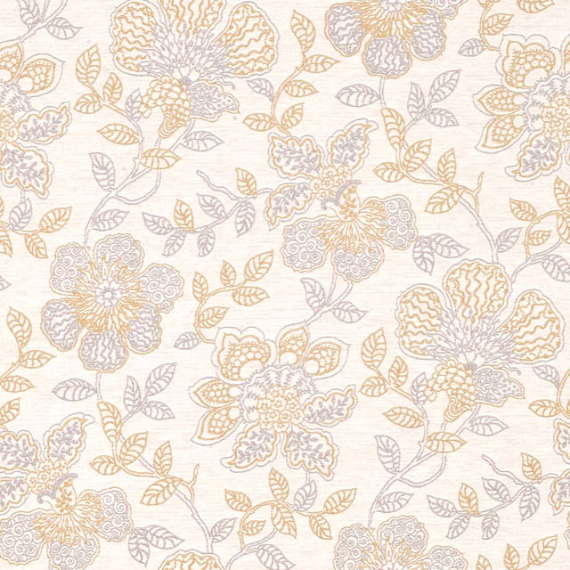 Ivory floral textile with pale gold and blue-grey blossoms and leafy stems