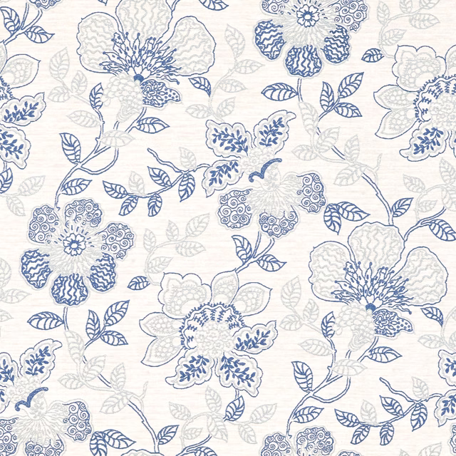 Ivory fabric with navy and pale grey outlined flowers, leafy stems and fine woven texture