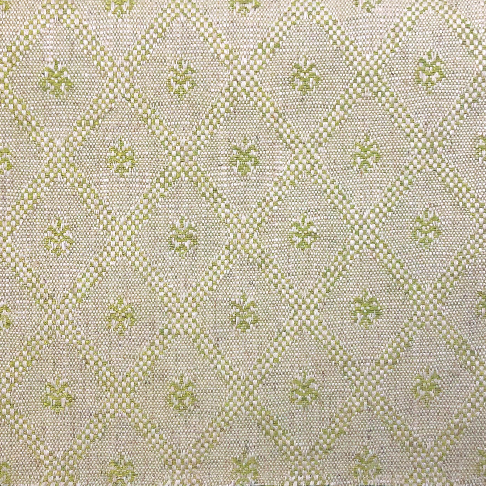Pale beige woven fabric with sage-olive diamond lattice and small floral motifs