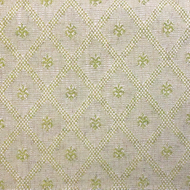Pale beige woven fabric with sage-olive diamond lattice and small floral motifs