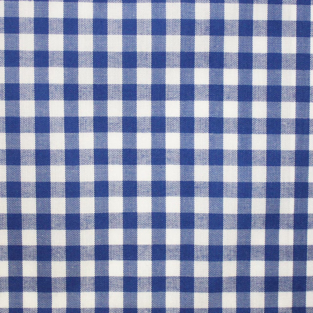 Close-up of cool blue and ivory woven check with softly textured yarns
