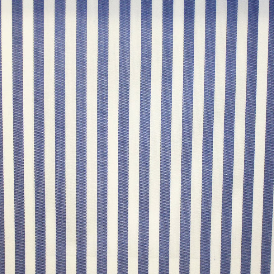 Muted denim blue and ivory vertical stripes with a fine woven texture