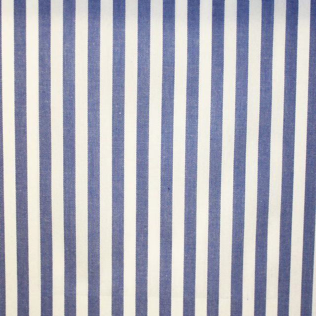 Muted denim blue and ivory vertical stripes with a fine woven texture