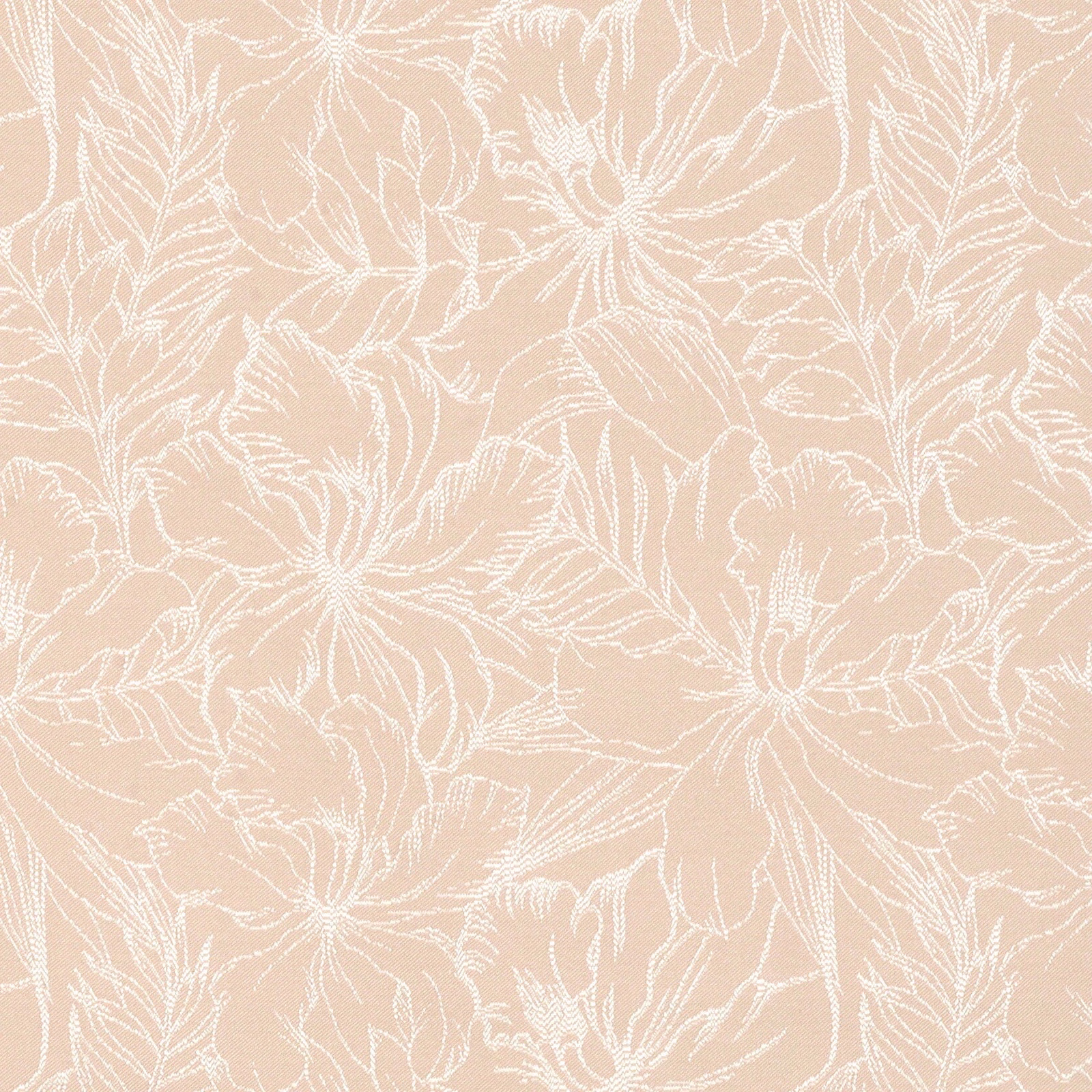 Pale peach textile with ivory line-drawn flowers and leafy botanical tracery