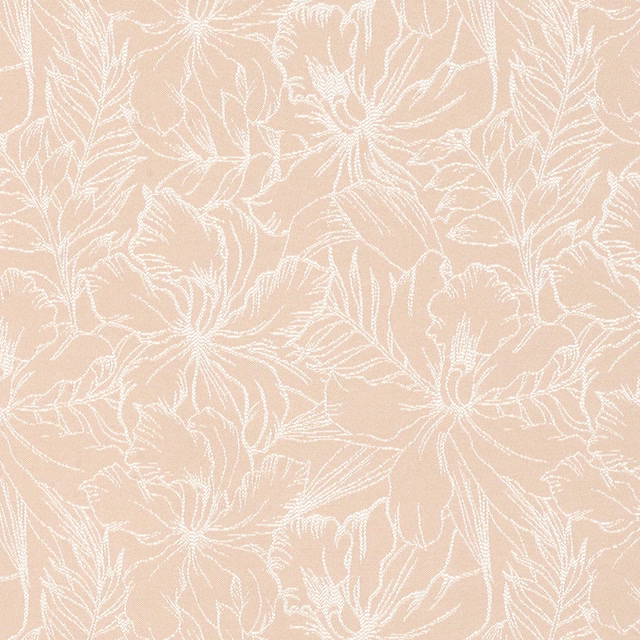 Pale peach textile with ivory line-drawn flowers and leafy botanical tracery