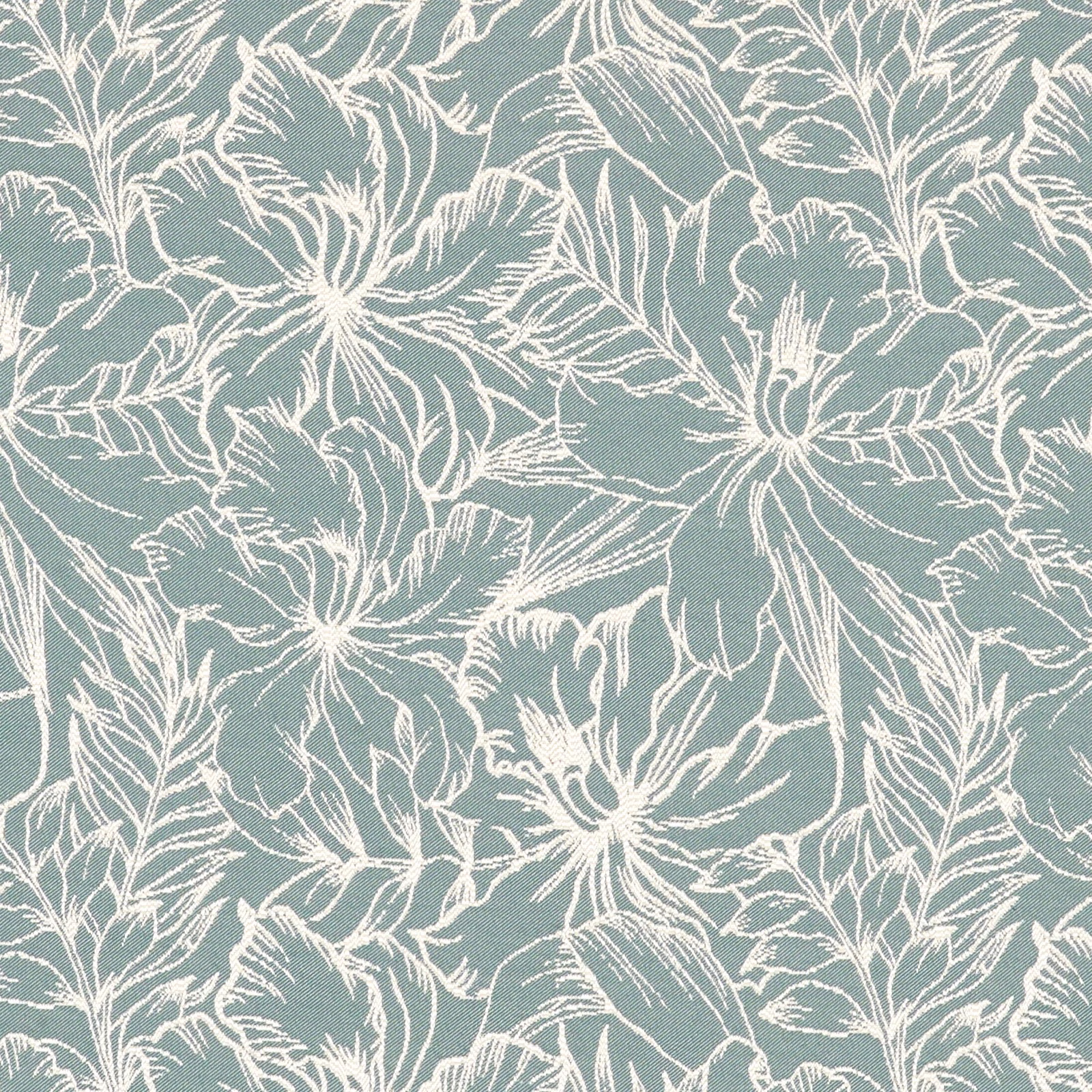 Muted blue-green fabric with ivory sketch-like flowers and leafy outlines