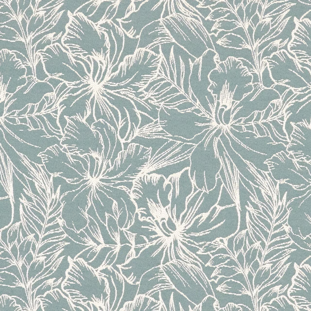 Muted blue-green fabric with ivory sketch-like flowers and leafy outlines