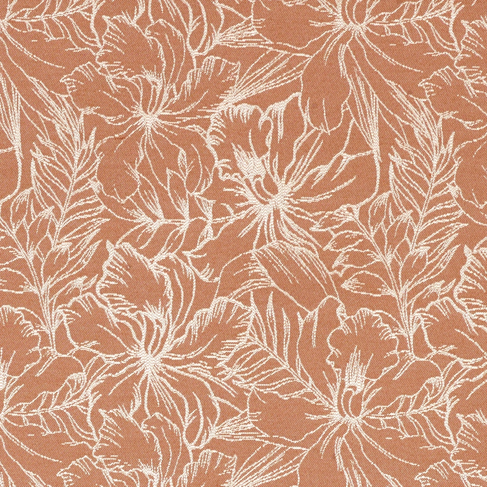 Warm terracotta floral fabric with fine cream flowers, leaves and lightly textured linework