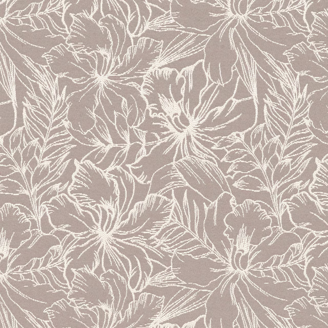 Mushroom taupe fabric with dense ivory outlined flowers, leaves and fine botanical stems