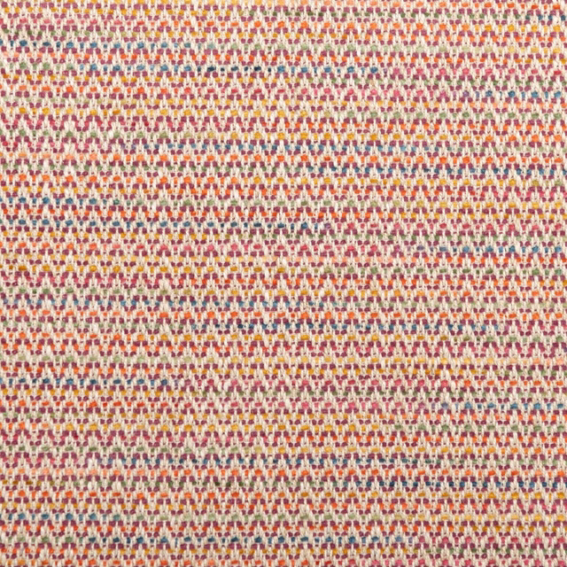 Close-up of rhubarb red woven fabric with tiny multicoloured geometric rows