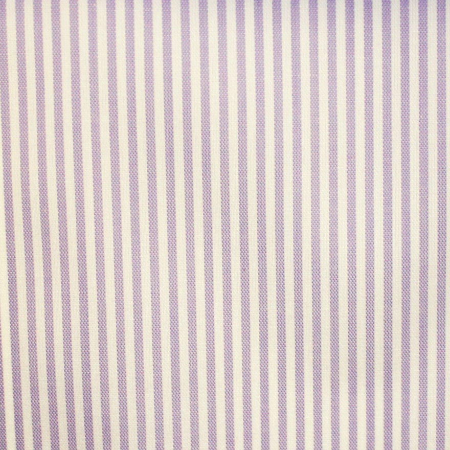 Ivory woven fabric with fine vertical dusty-lilac stripes and subtle texture