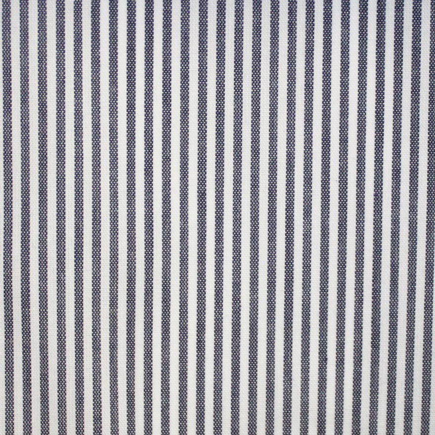 Close-textured fabric with narrow ink-blue and ivory vertical stripes