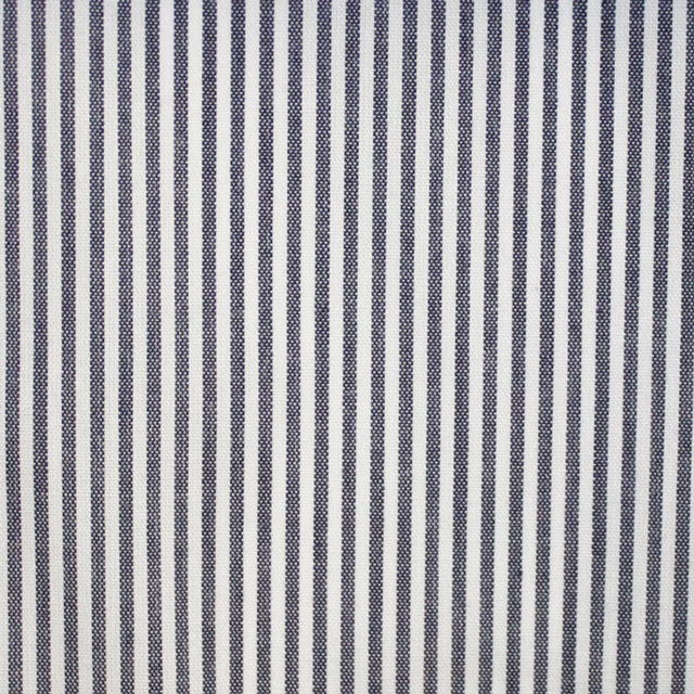 Close-textured fabric with narrow ink-blue and ivory vertical stripes