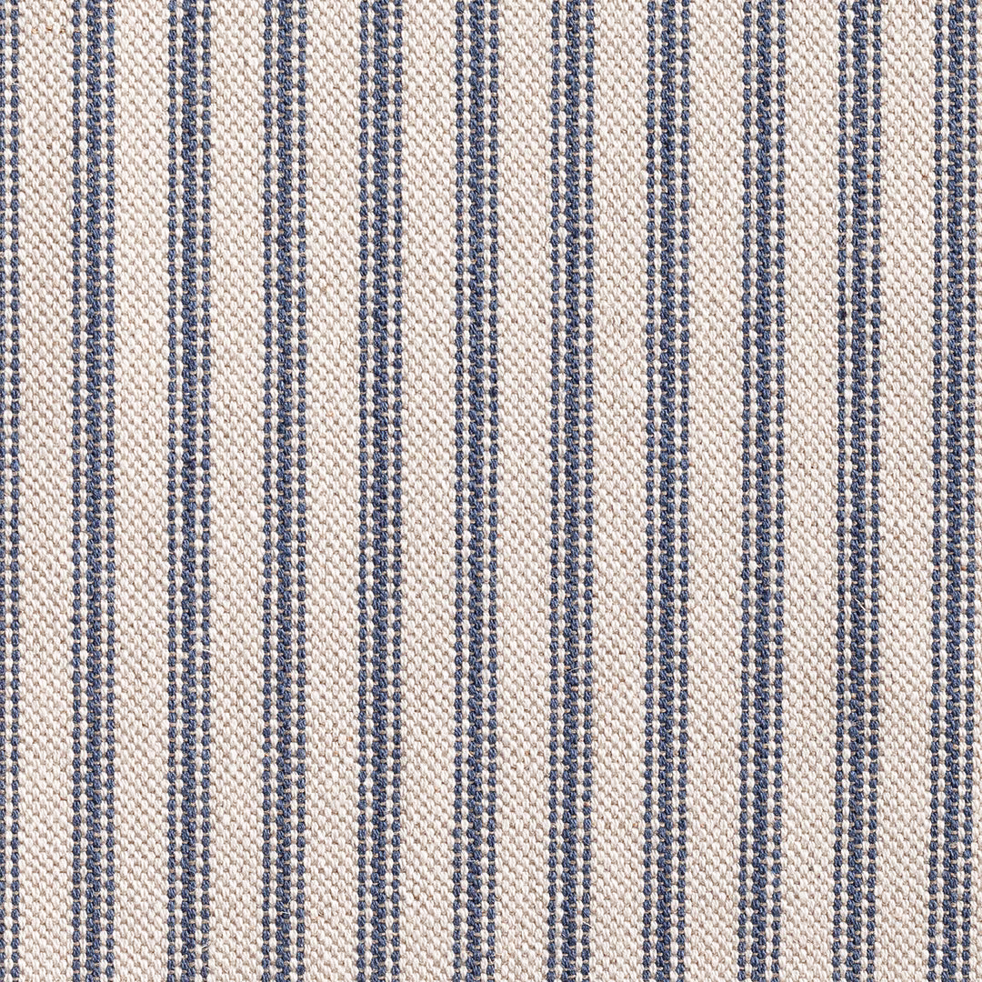 Warm ivory woven fabric with narrow muted blue ticking stripes and pebbled texture