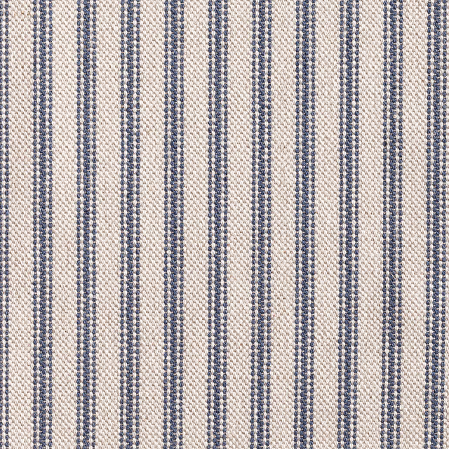 Warm ivory woven fabric with narrow muted blue ticking stripes and pebbled texture