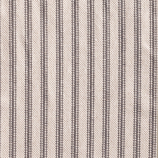 Warm grey narrow ticking stripes woven across an ivory textured fabric ground