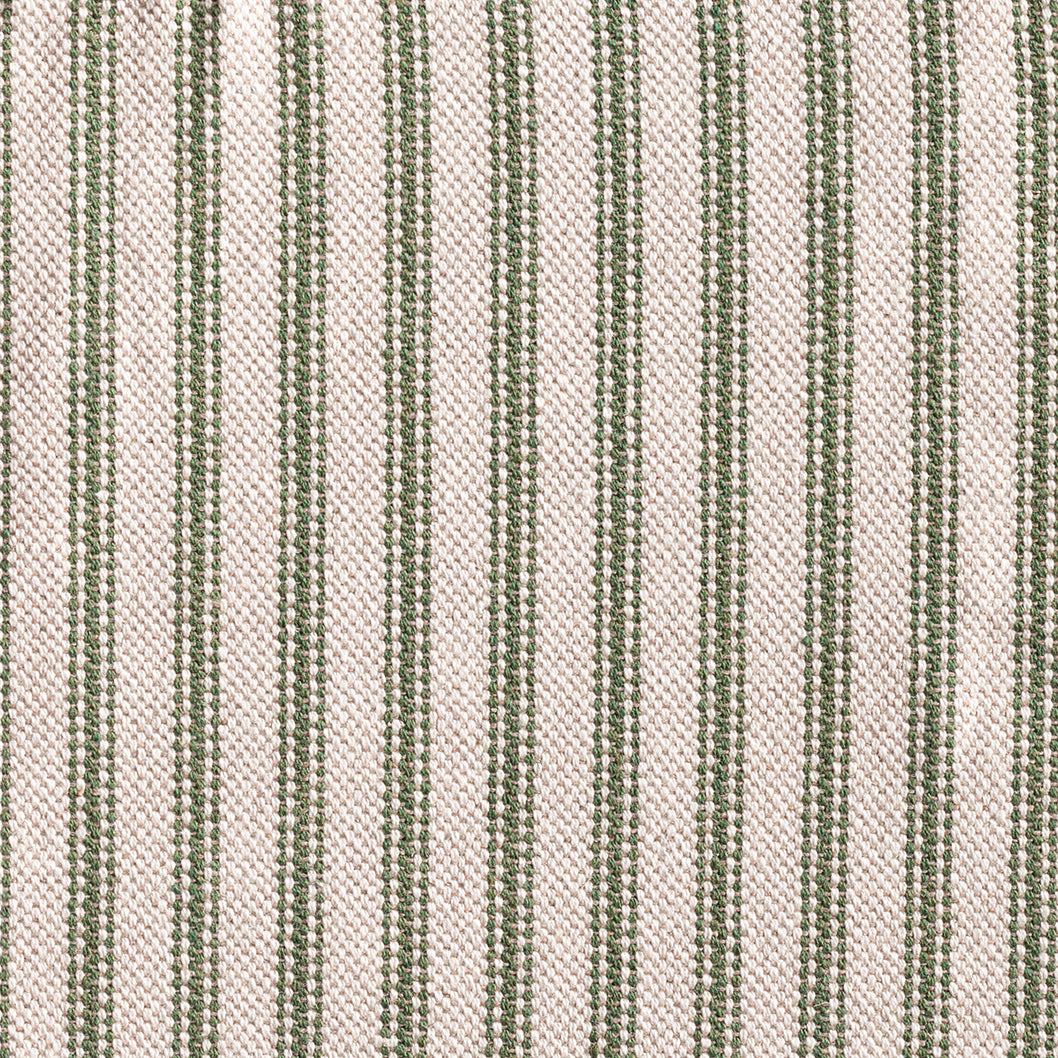 Ivory woven fabric with narrow sage-green vertical ticking stripes and tactile texture