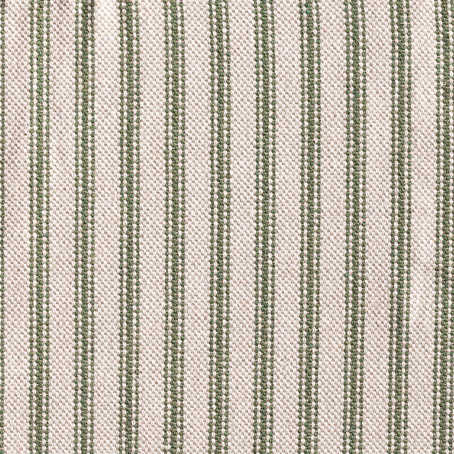 Ivory woven fabric with narrow sage-green vertical ticking stripes and tactile texture