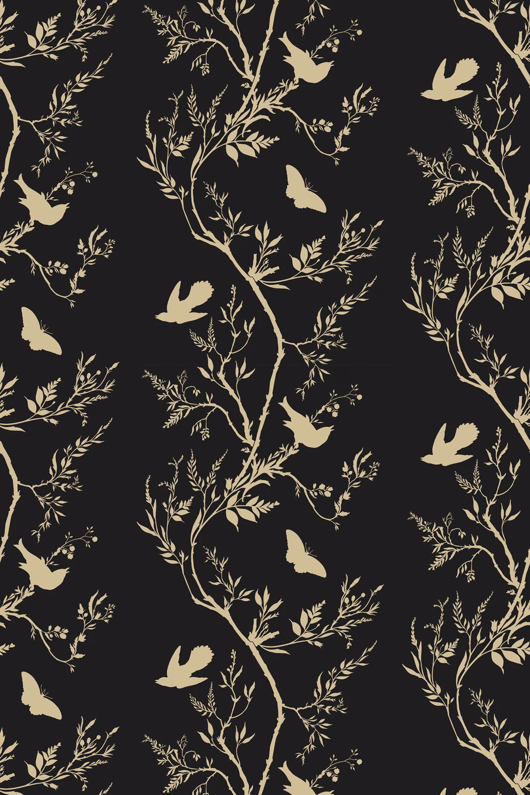 Birdbranch Stripe Wallpaper Gold Pearl on Black fabric