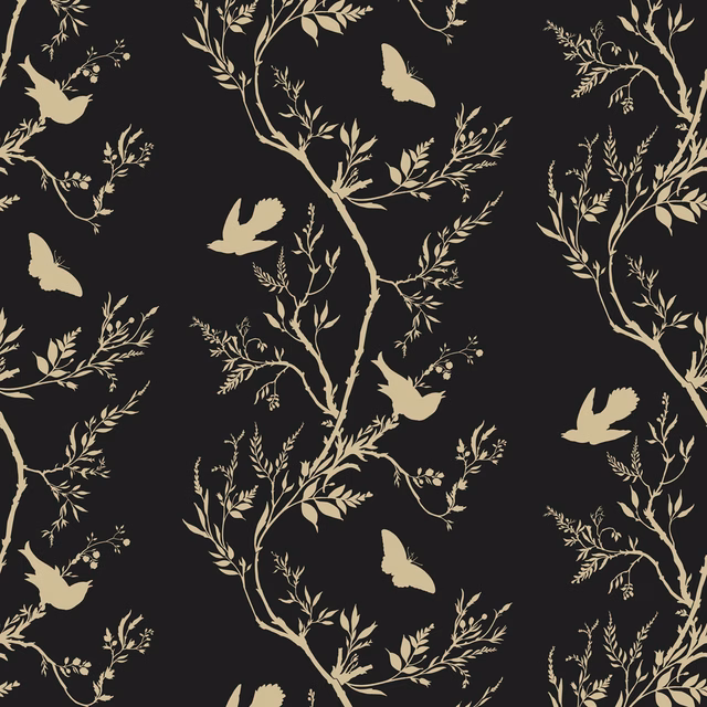 Birdbranch Stripe Wallpaper Gold Pearl on Black fabric