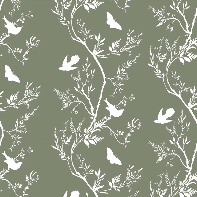Birdbranch Stripe Wallpaper White on Hampden fabric