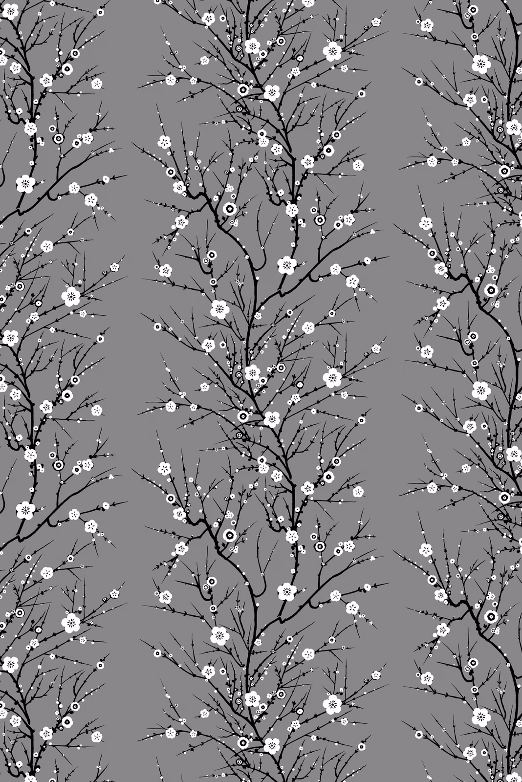Blossom Branch Wallpaper White & Black on Warm Grey fabric