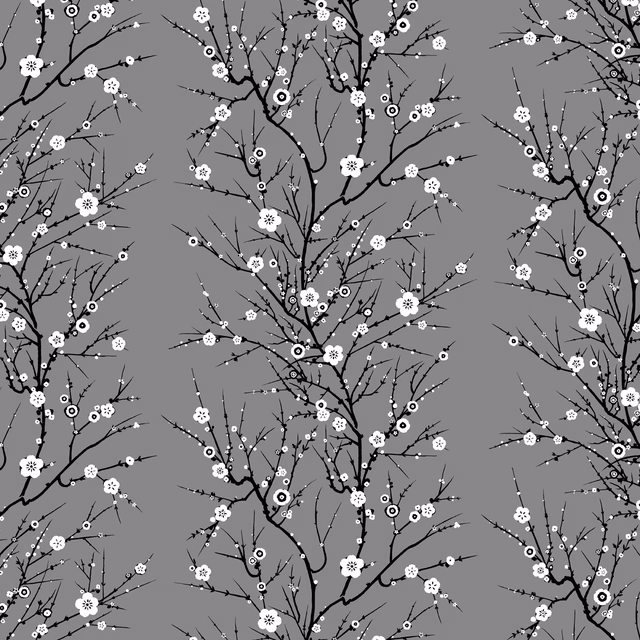 Blossom Branch Wallpaper White & Black on Warm Grey fabric