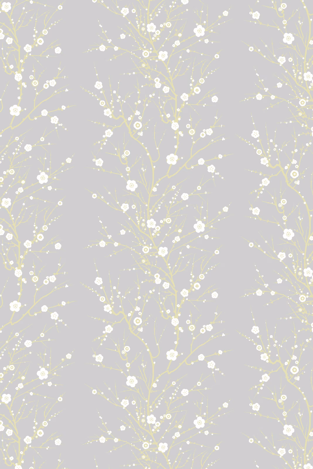 Blossom Branch Wallpaper White & Gold on Pale Grey fabric