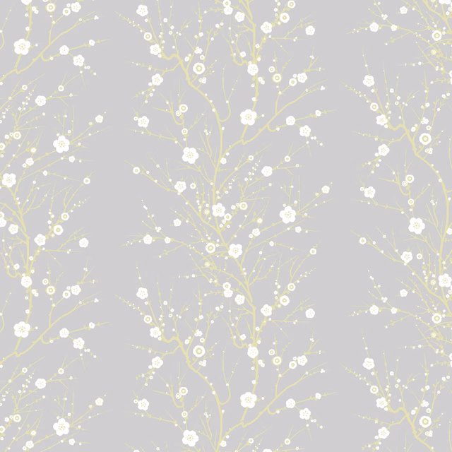 Blossom Branch Wallpaper White & Gold on Pale Grey fabric