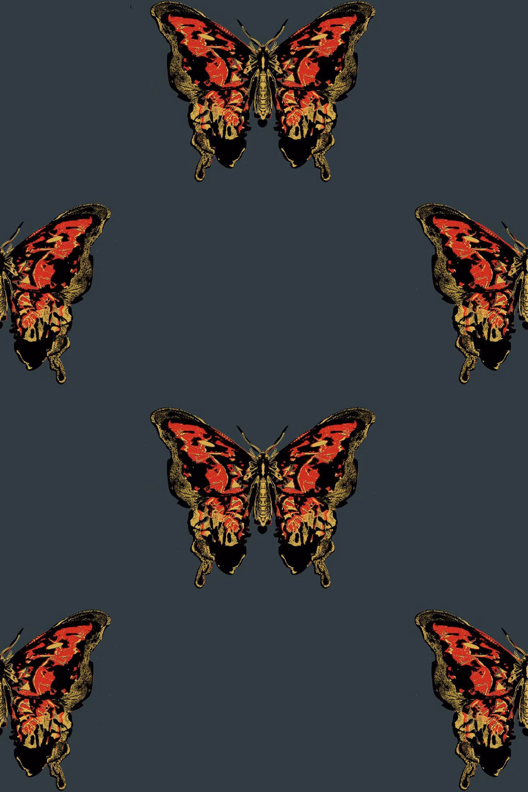 Butterfly Wallpaper Red & Gold on Black fabric